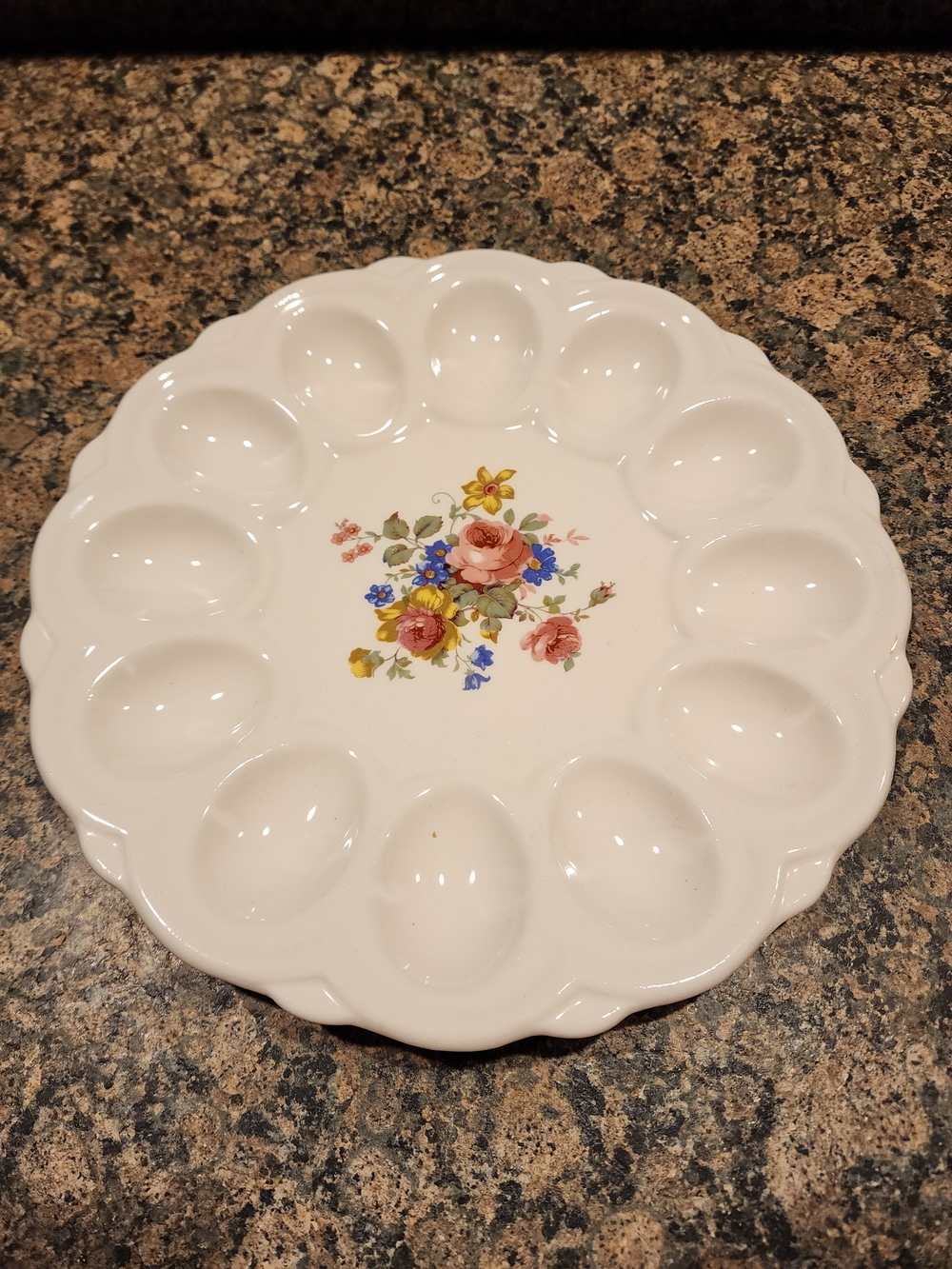 White Floral Ceramic Deviled Egg Serving Platter E&R American Artware